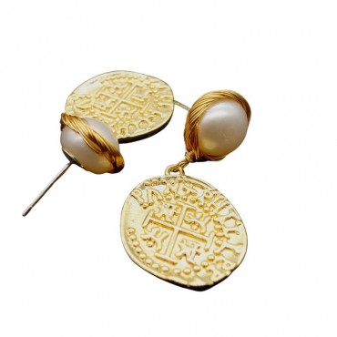 greek coin fashion pearl earring