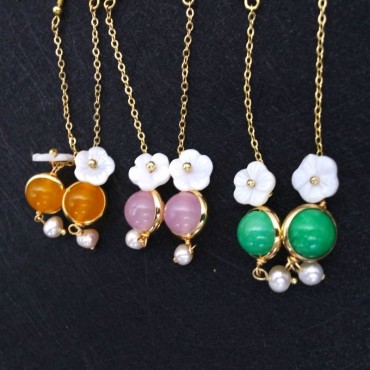 Flowe Shape Pearl shell Chain Drop Lucky Stone  Pearl Earring