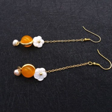 Flowe Shape Pearl shell Chain Drop Lucky Stone  Pearl Earring