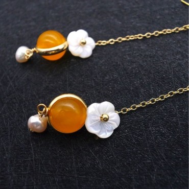 Flowe Shape Pearl shell Chain Drop Lucky Stone  Pearl Earring