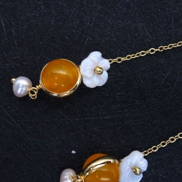 Flowe Shape Pearl shell Chain Drop Lucky Stone  Pearl Earring