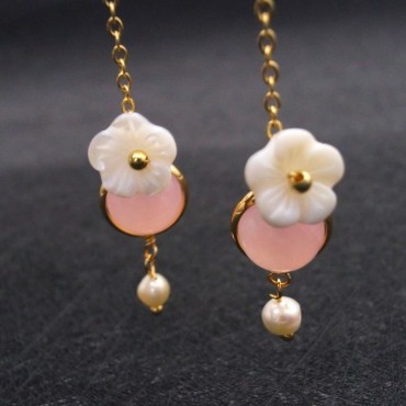 Flowe Shape Pearl shell Chain Drop Lucky Stone  Pearl Earring
