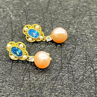 Bule Cubic Zircon Hollow Art Pink Pearl Stud Earring