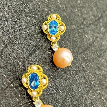 Bule Cubic Zircon Hollow Art Pink Pearl Stud Earring