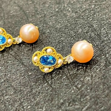 Bule Cubic Zircon Hollow Art Pink Pearl Stud Earring