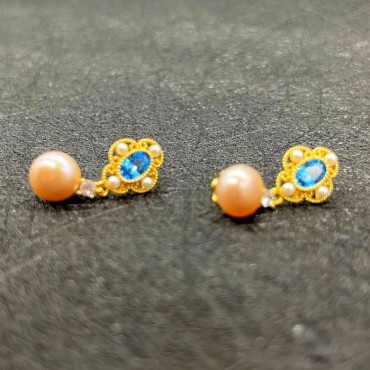 Bule Cubic Zircon Hollow Art Pink Pearl Stud Earring