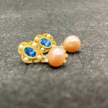 Bule Cubic Zircon Hollow Art Pink Pearl Stud Earring