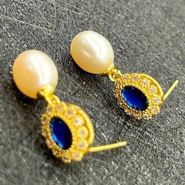 Bule Cubic Zircon Pearl Stud Earring