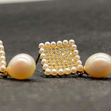 Micro Insert Square Shape Drop Pearl Pendant Stud Earring