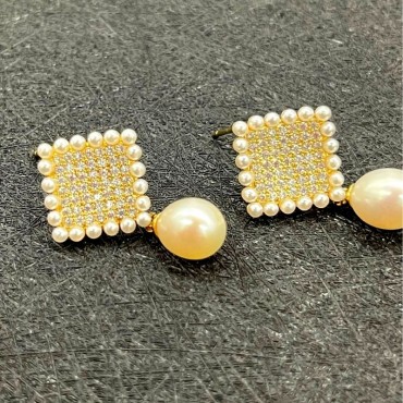 Micro Insert Square Shape Drop Pearl Pendant Stud Earring