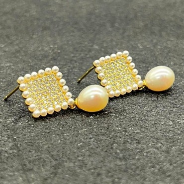 Micro Insert Square Shape Drop Pearl Pendant Stud Earring