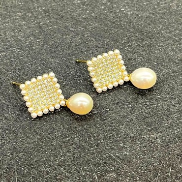 Micro Insert Square Shape Drop Pearl Pendant Stud Earring