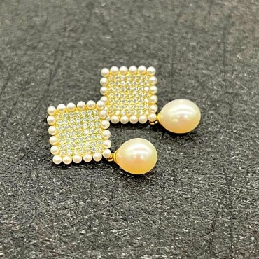 Micro Insert Square Shape Drop Pearl Pendant Stud Earring