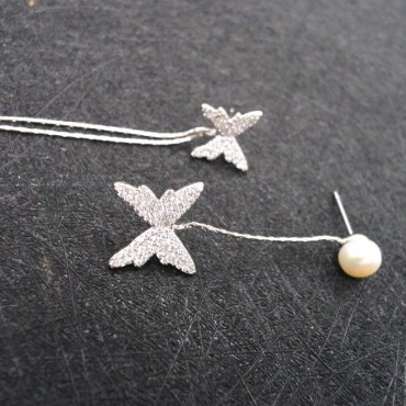 AB Type Silver Butterfly Tassel Collection Pearl Stud Earring