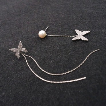 AB Type Silver Butterfly Tassel Collection Pearl Stud Earring