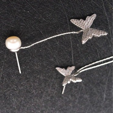 AB Type Silver Butterfly Tassel Collection Pearl Stud Earring