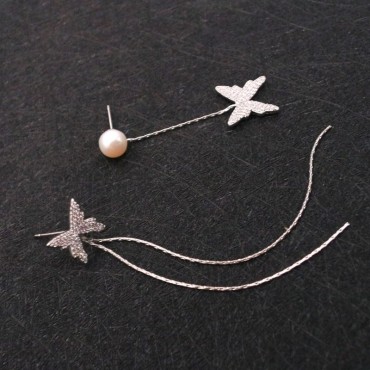 AB Type Silver Butterfly Tassel Collection Pearl Stud Earring