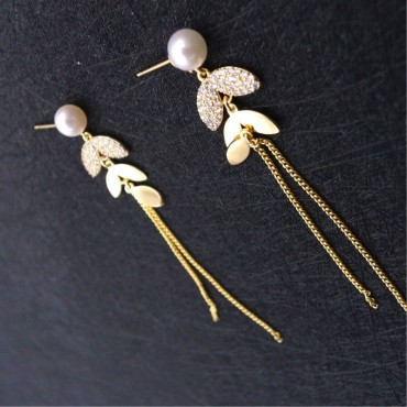 Micro Insert Leafy Long Tassel Stud Earring