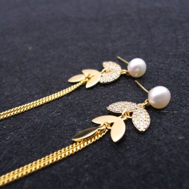 Micro Insert Leafy Long Tassel Stud Earring