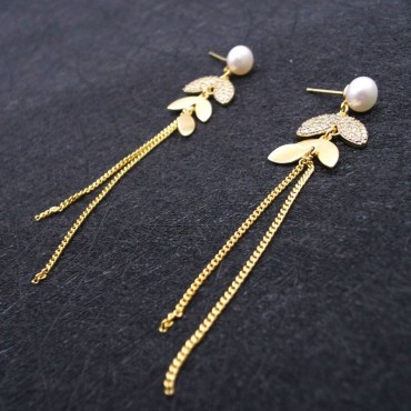Micro Insert Leafy Long Tassel Stud Earring