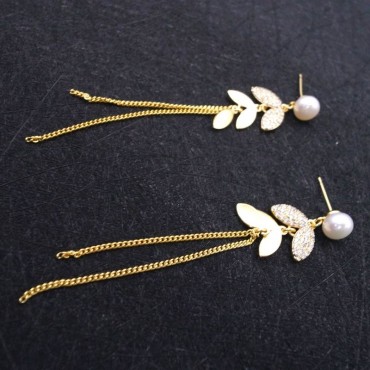 Micro Insert Leafy Long Tassel Stud Earring