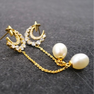 Moon Star Long Tassels Pearl Stud Earring