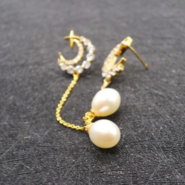 Moon Star Long Tassels Pearl Stud Earring