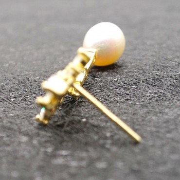 Long Section Flower Shape Zircon Pearl Stud Earring