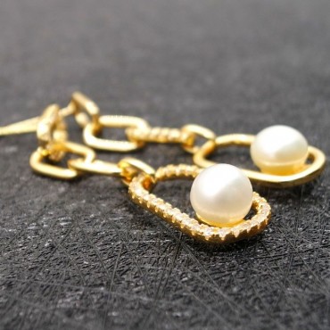 Micro Insert Square Long Chain Pearl Stud Earrings