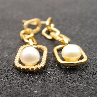 Micro Insert Square Long Chain Pearl Stud Earrings