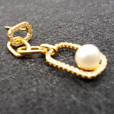 Micro Insert Square Long Chain Pearl Stud Earrings