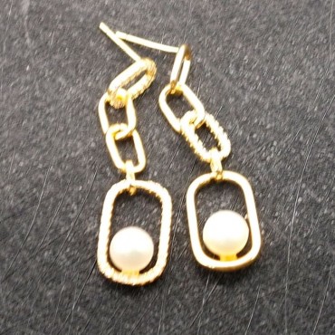 Micro Insert Square Long Chain Pearl Stud Earrings