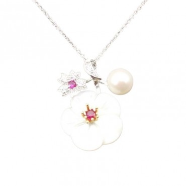 Red Cubic Zircon and Pearl shell Plum plum flower Design Pearl Brooch Pendant Necklace