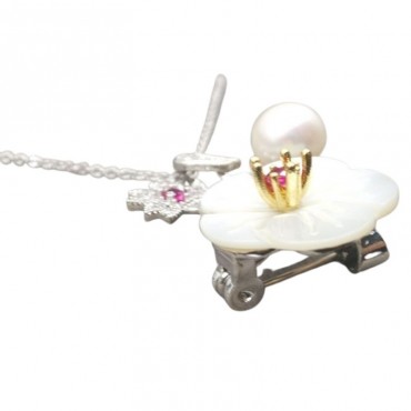 Red Cubic Zircon and Pearl shell Plum plum flower Design Pearl Brooch Pendant Necklace