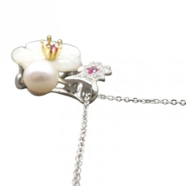 Red Cubic Zircon and Pearl shell Plum plum flower Design Pearl Brooch Pendant Necklace