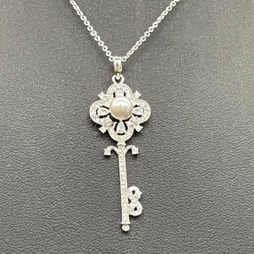 Micro Insert Silver Key Design Pendant Necklace