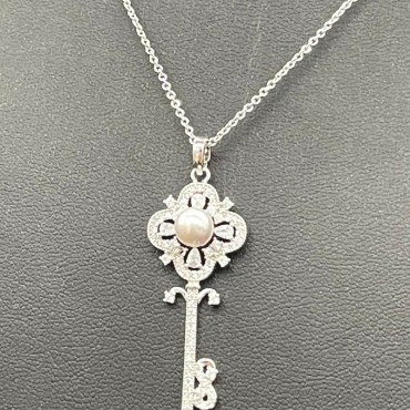 Micro Insert Silver Key Design Pendant Necklace