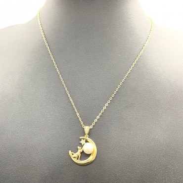 moon star & cat design pearl pendant necklace