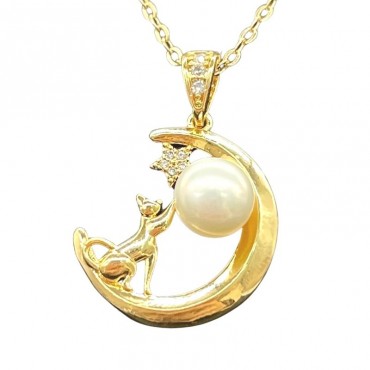 moon star & cat design pearl pendant necklace