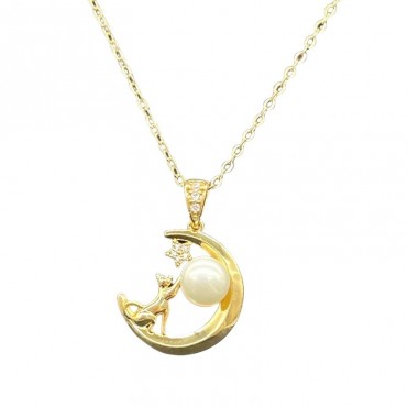 moon star & cat design pearl pendant necklace