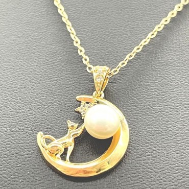 moon star & cat design pearl pendant necklace