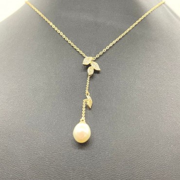 Micro Insert Foliage Design Pearl Pendant Necklace