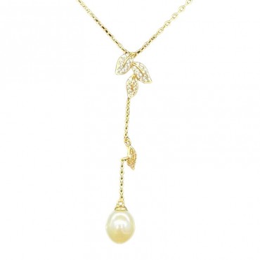 Micro Insert Foliage Design Pearl Pendant Necklace